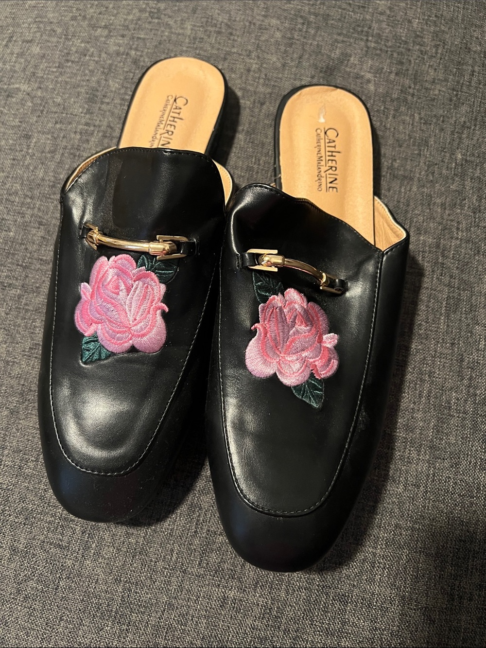 Catherine Malandrino Black Leather Slip-On Mules with Pink Rose Embroidery